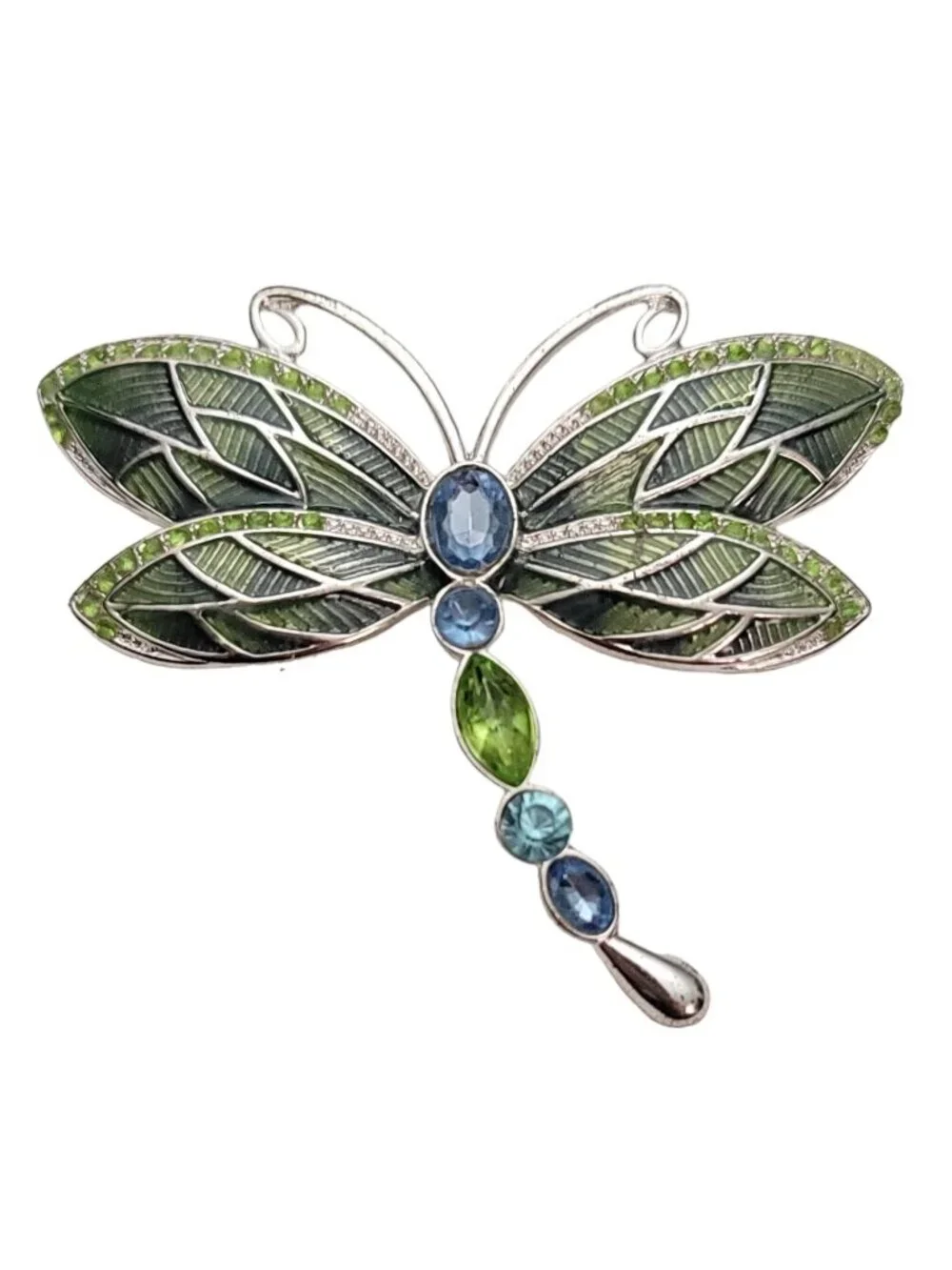 Napier Silver-Tone Green Blue Rhinestone Enamel Dragonfly Brooch Pin Signed E913